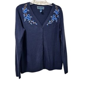 Karen Scott Women's Navy Blue V-Neck   Cardigan W/Blue floral embroidery M